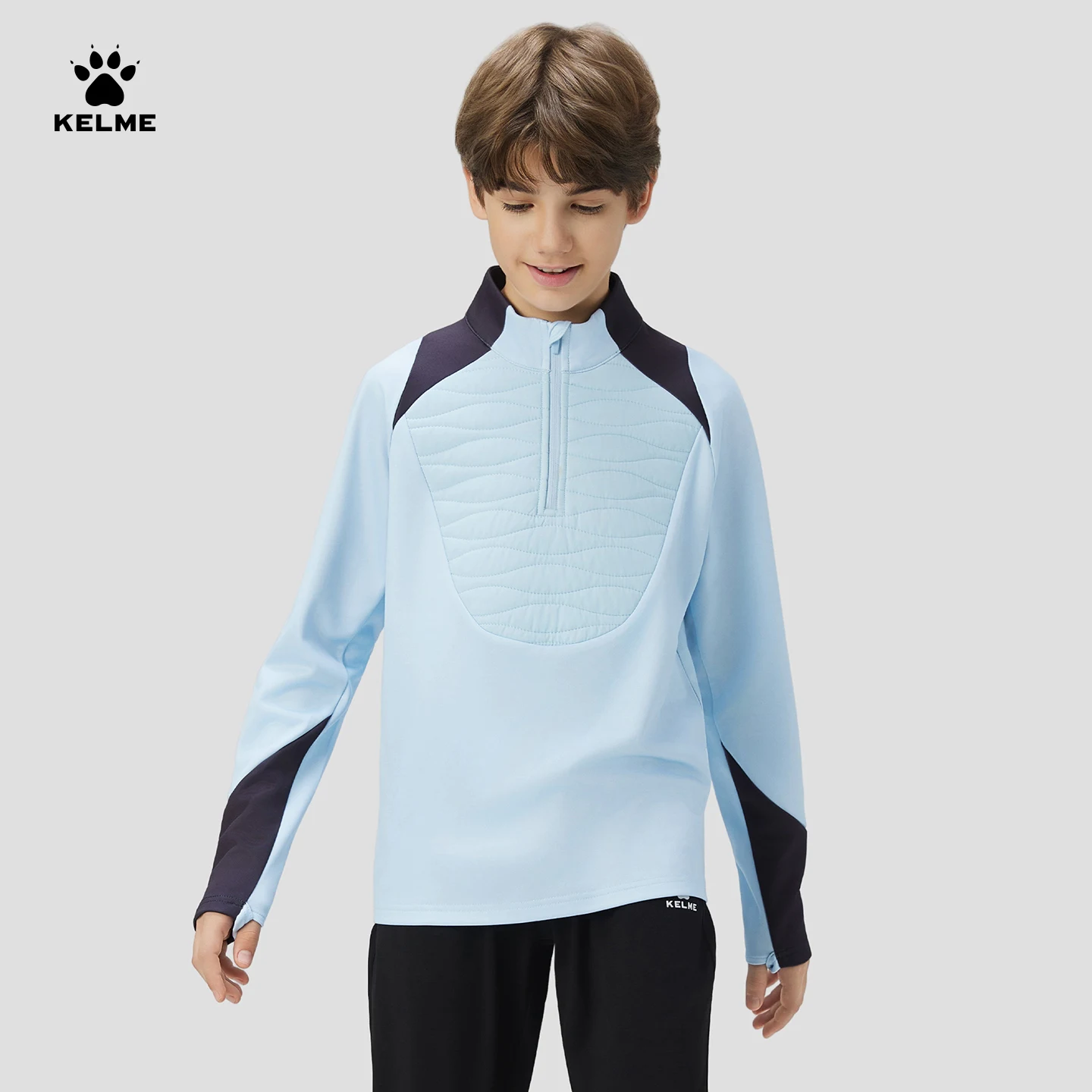 Kelme Children's Football Training Clothing Winter Half Zipper Hoodie Outdoor Velvet Running Windproof Sports Long Sleeve