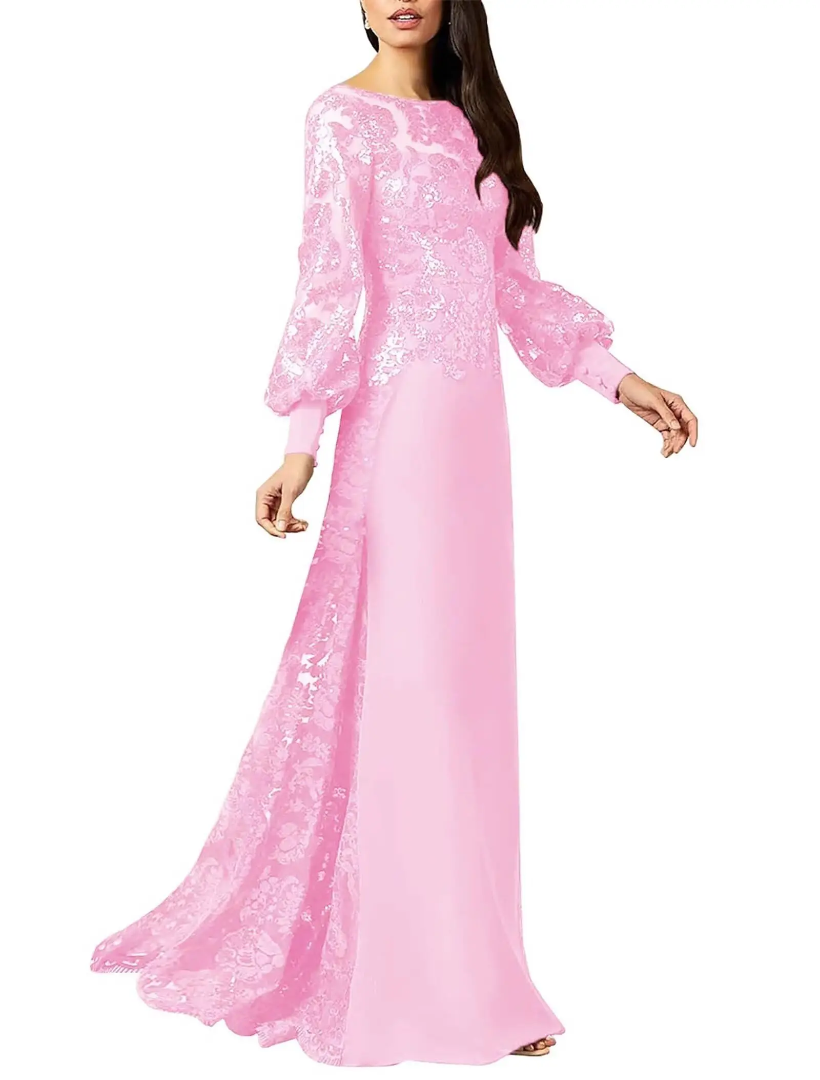 Sukienki dla mamy panny młodej na wesele z dekoltem łódkowym, cekinami, koronkowymi aplikacjami, długimi rękawami, w kształcie litery A, na studniówkę i wieczorowe.