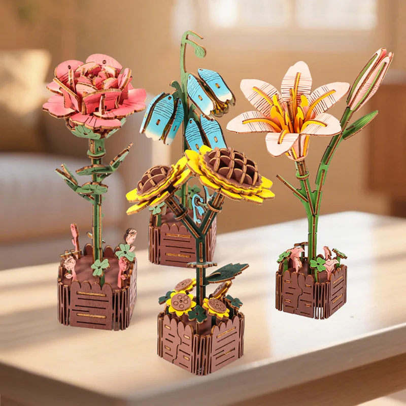 3D Wooden Flower Puzzle, DIY Wooden Flower Model Kit, Handmade Plant Bouquet, Creative Gift for Collection, Christmas and Birthday Gift