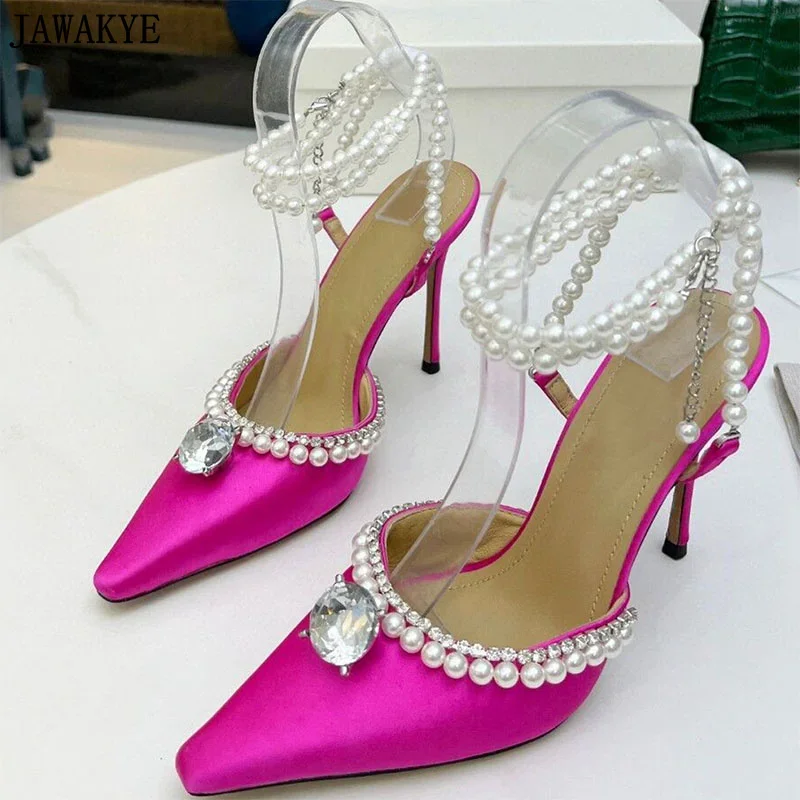 

Summer Sexy Party Wedding Shoes Women Designer Pointy Toe Satin High Heel Sandals Women Pearl Chain Crystal Ankle Strap Shoes