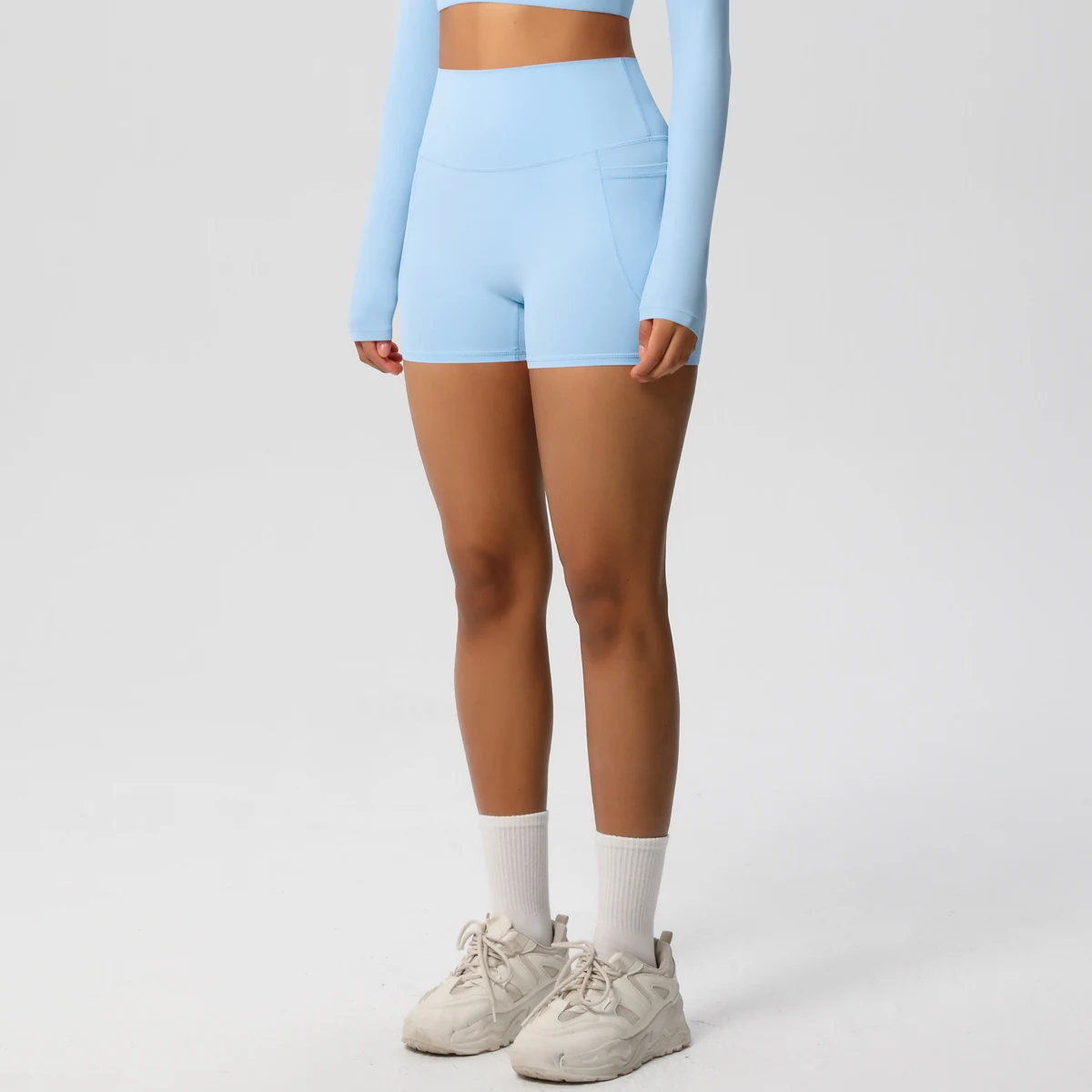 Einfarbige Yogahose mit Taschen, schnell trocknend, hohe Taille, für Fitnessstudio, Push-Up-Yoga-Shorts für Damen, atmungsaktiv, Workout, Fitness, kurz – Detail 38