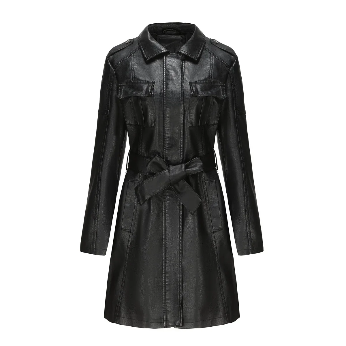 New Medium And Long Leather Jacket With Belt, Spring And Autumn Long-sleeved Trench Coat, Fashionable British Coat For Women