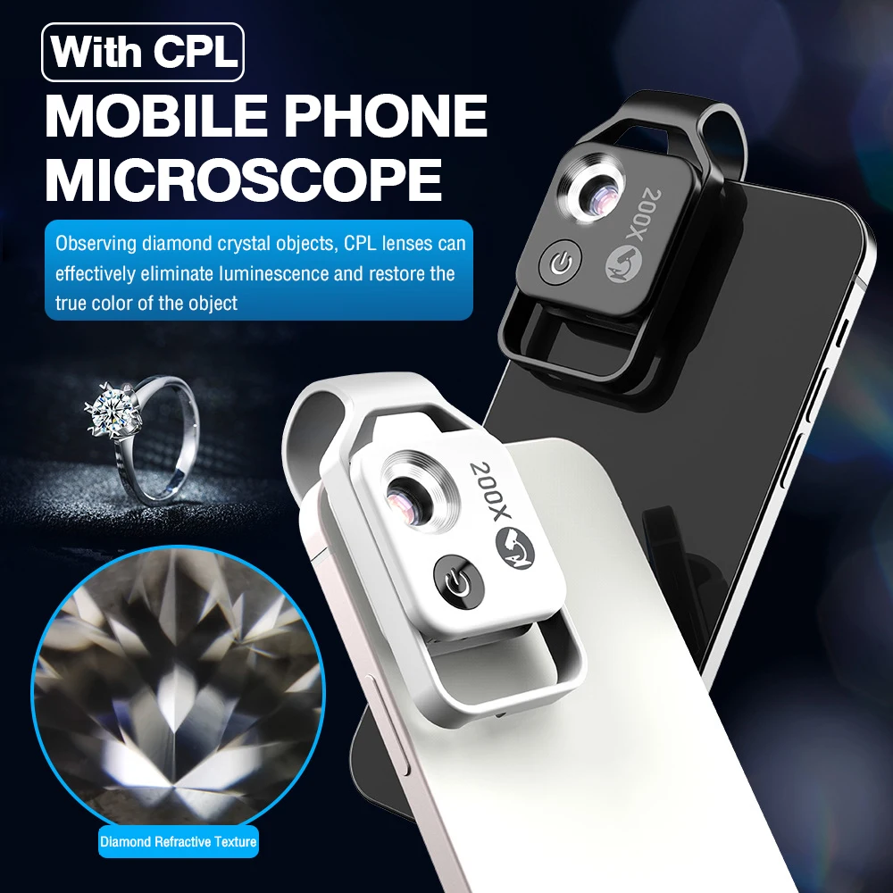 200X Cell Phone Microscope Accessory with Lens, Portable Mini Digital Microscope with LED Light/Universal Clip