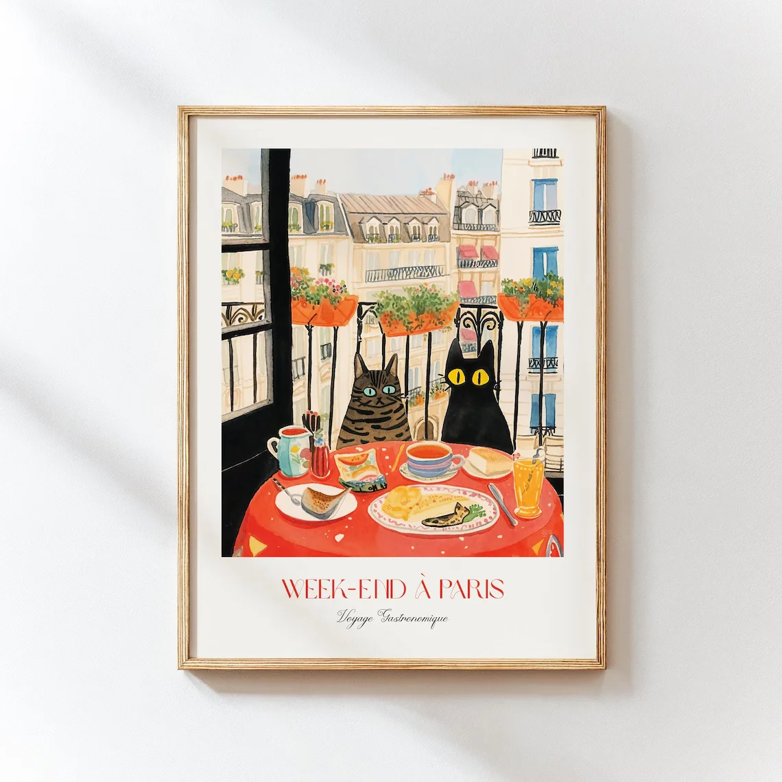 Kunstdruck „Weekend in Paris Cats“ – Wandkunst im französischen Café-Stil, fantasievolle Aquarell-Illustration, Geschenk für Katzenliebhaber, gemütliche Küchendekoration
