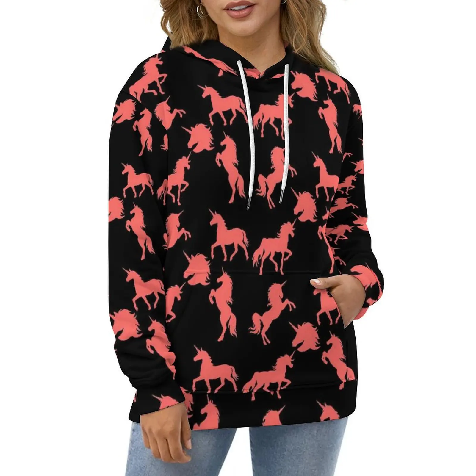 

Unicorn Silhouette Hoodies Pretty Red Unicorns Print Street Style Oversize Pullover Hoodie Female Long-Sleeve Casual Sweatshirts