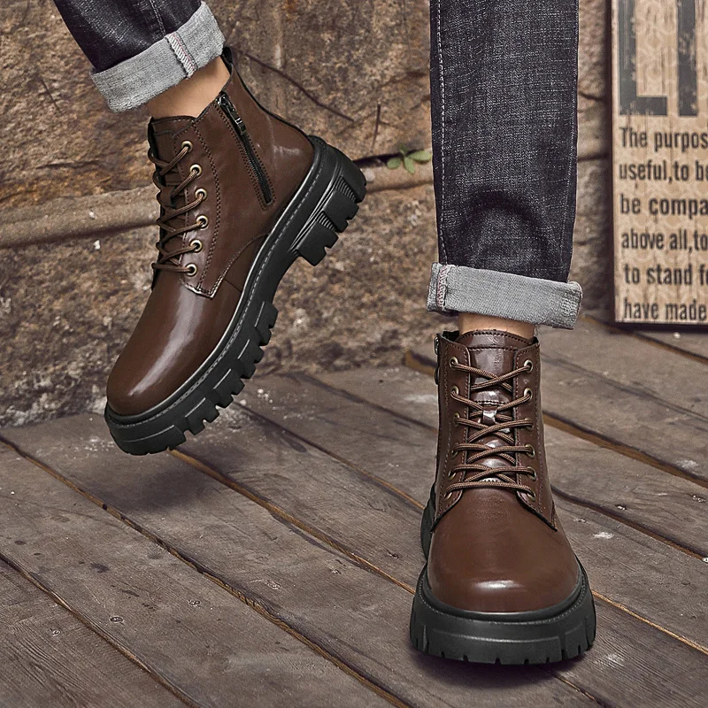 

Winter Velvet Warm High Top Outdoor Snow Boots Luxury Brand Genuine Leather Business Men's Boots Quality Handmade Leather Boots