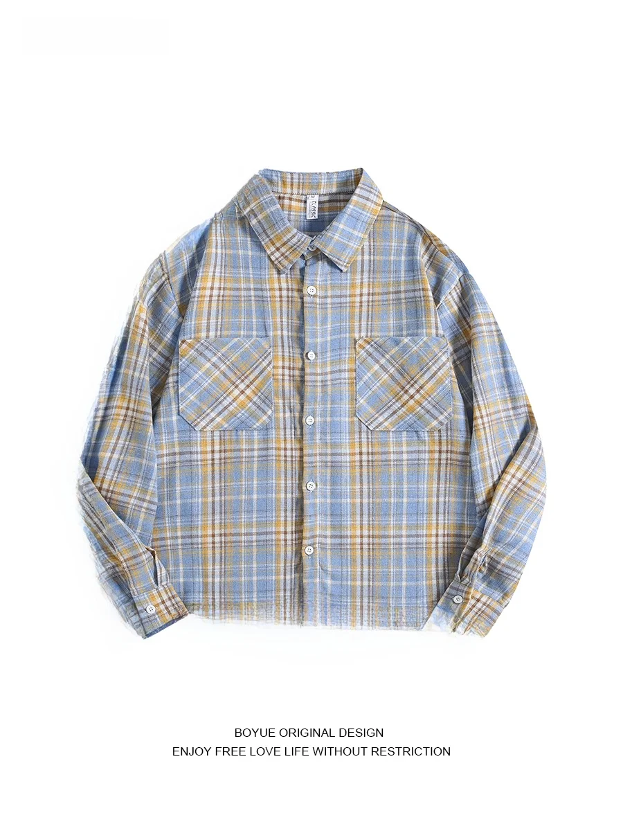 

Boyue Long Sleeve Plaid Shirt Brushed Finish Youth Style Spring Autumn Unisex Vintage Couple's INS Shirt Jacket Loose Fit