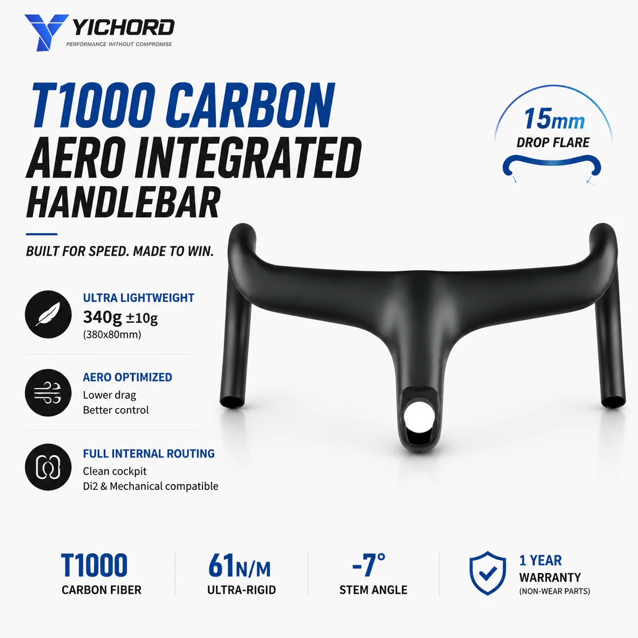 YICHORD T1000 Aero Carbon Rennrad-Lenker, integriert, 340g, vollständige interne Kabelführung, 70mm Reach, 110mm Drop, 360-440mm Breite