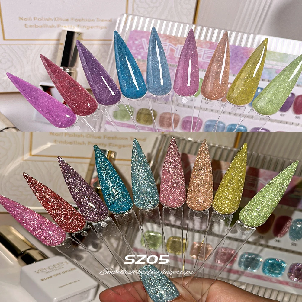 Vendeeni cat kuku Gel berlian, cat kuku Gel berlian patah Glitter pelangi Macaron 15ml/set, pernis pernis Gel LED UV warna-warni