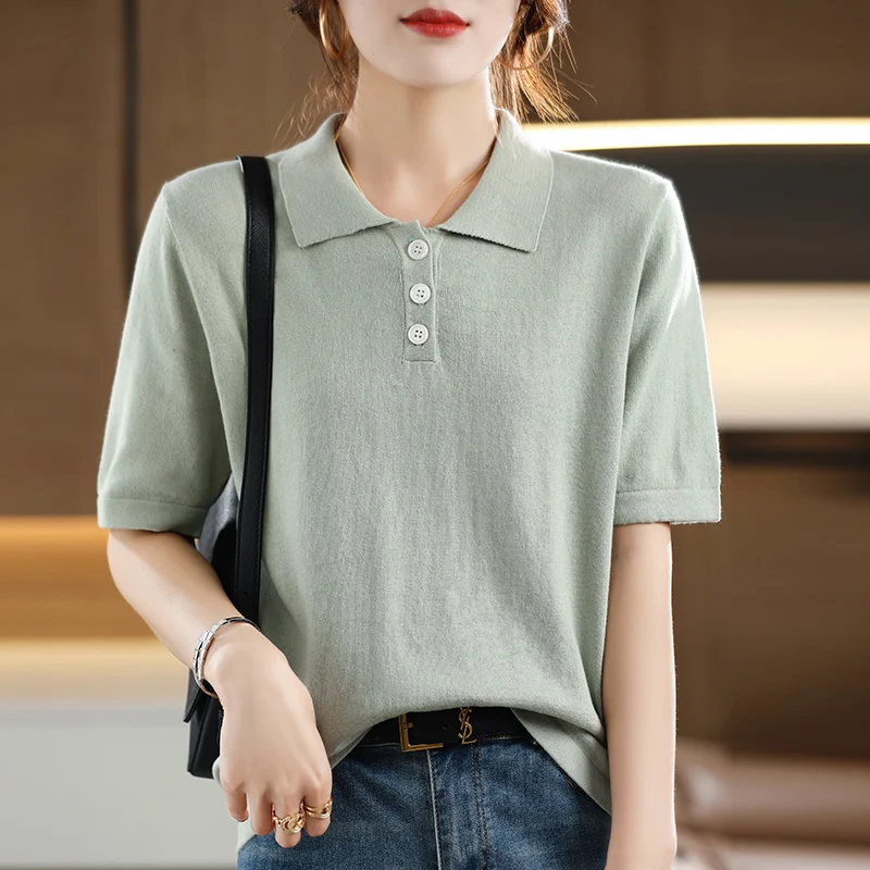 Women's T-shirt Summer 100% Cotton Sweater Short Sleeve Casual Knitted POLO Collar Women's Top Loose Pullover T-shirt Button