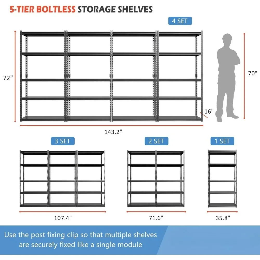 頑丈な金属製ユーティリティラック、黒いガレージ収納棚、調整可能な5層棚、35.8 "x 16" dx72 ''h、4パック、72"