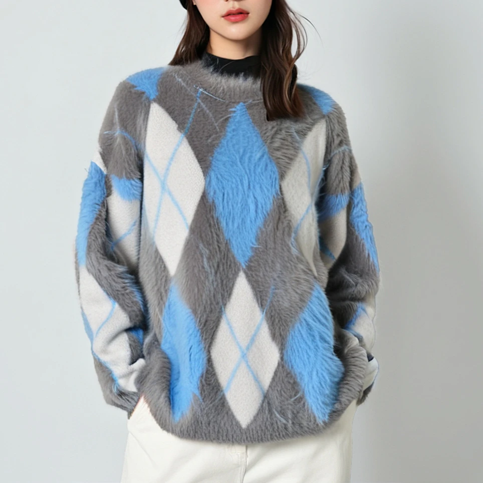 Vintage Diamond Plaid Colorblocked Jumper Fuzzy Knitted Pullover Sweater Crew Neck Loose Fit Autumn/Winter Women Outerwear