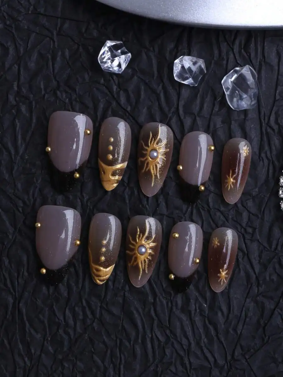 Set Of 10 Handmade Nails Almond-Shaped Press-On Nails Featuring A Mix Of Brown-Coffee Leopard Print, Luxe Sunburst And Gilded Textures, Smooth Ivory-White Pearls, Champagne-Toned Gradients, And Sparkling Gold Micro-Bead Accents.