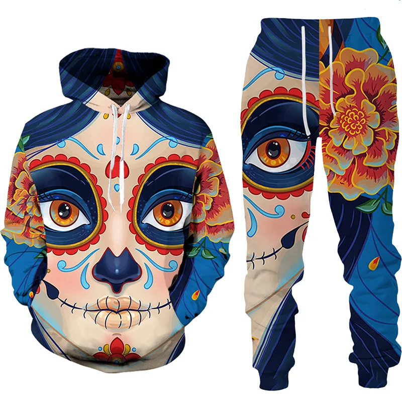 

Men's Gothic Clothing Vintage Skull 3D Printed Hoodie and Sweatpants Set Casual Fashion Hip Hop Streetwear 2pcs Sets