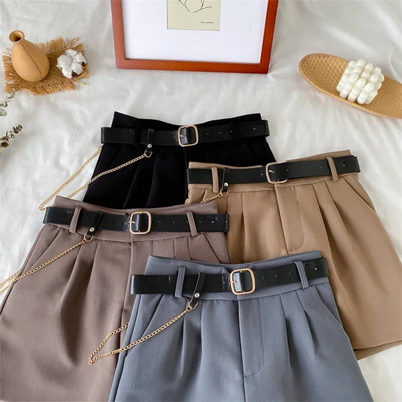 Women's Office Shorts High Waist Thin Wide Legged A-Line Suit Shorts Female Korean Style Casual New Short Pants with Belt