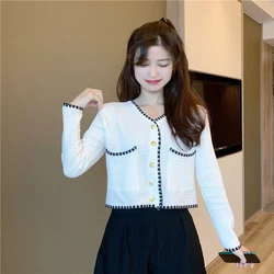 sweet white women cardigan korean knitted loose female casual sweaters spring autumn new pocket chic ladies crop tops