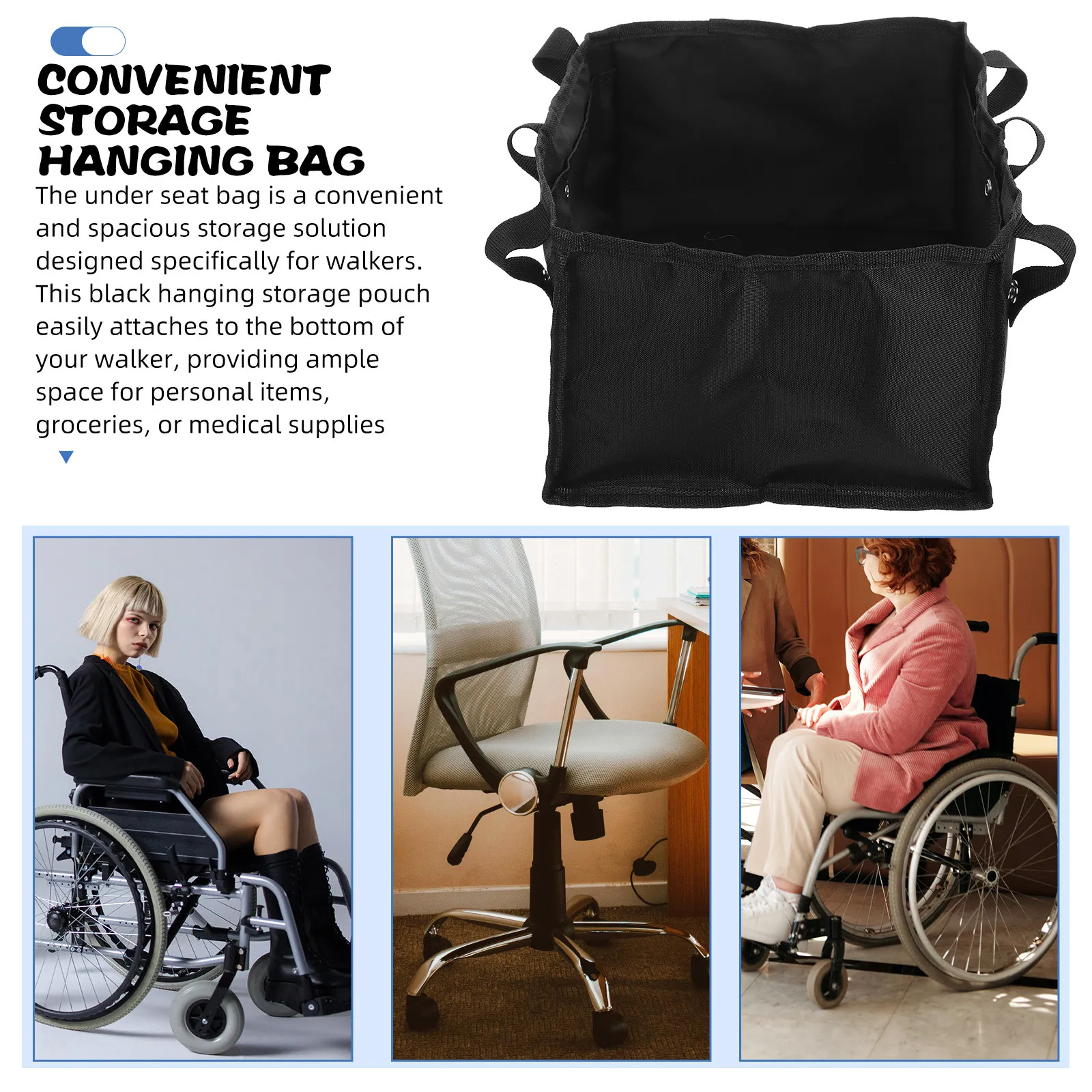 Under Seat Walker Bag Black Heavy Duty Hanging Storage Pouch Large Capacity Foldable for Walking Aids Seniors Outdoor Activities