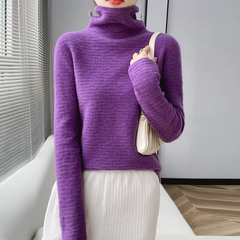 100% wool knitted women\'s sweater pullover solid color long sleeve turtle neck women\'s pullover knitted warm top.