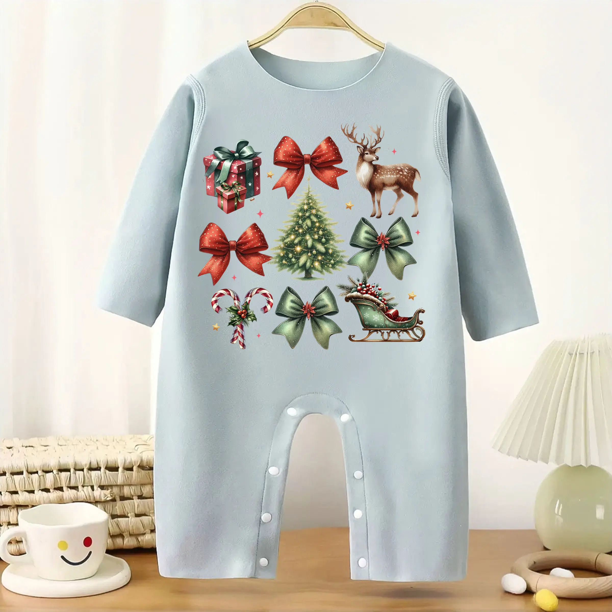 

Merry Christmas MINISO Baby Thickened Jumpsuit Bow Candy Cane Infant Longsleeve Creeper Keep Warm for Height 60-90CM Baby Cloth