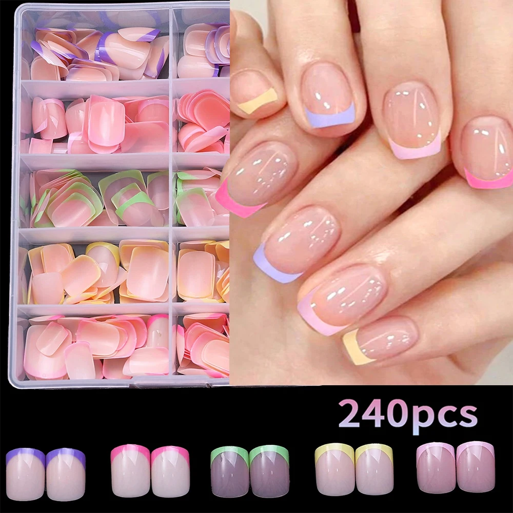 

240/120/96pcs Candy French Press On Nails Tips Short Square Shaped Glossy Rainbow Lines Design Fake Nail for Fashion Party Woman