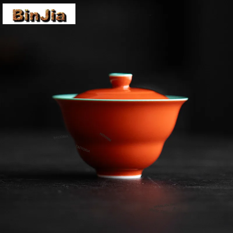 BAEJORIA 120ml Retro Palace Red Gaiwan Creative Turquoise Gourd Tea Tureen Tea Bowl With Lid Kit Tea Maker Cover Bowl Tea Craft