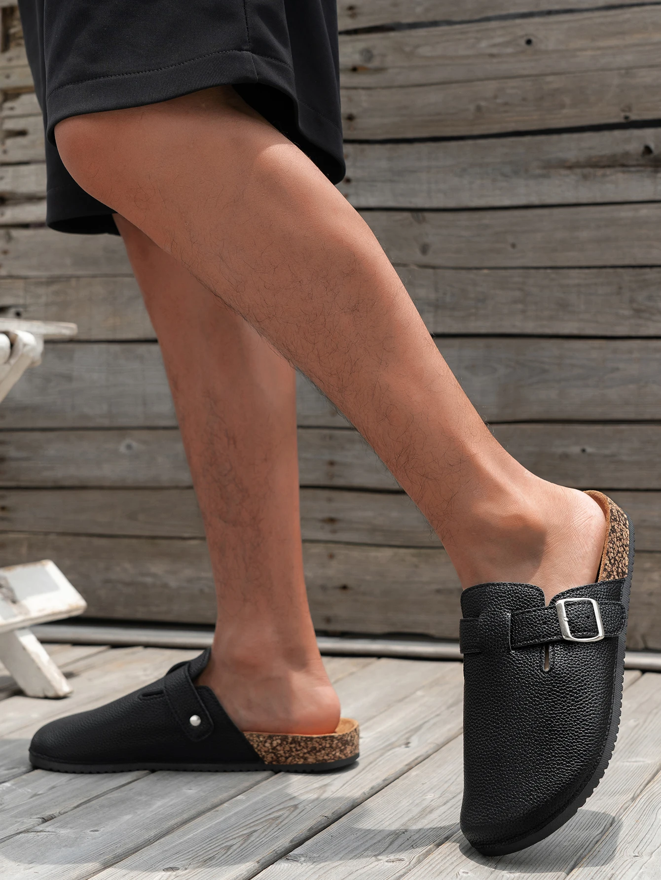 Men's New Spring Retro Mules, Casual Slip-On Shoes, Pu Upper with Lychee Pattern, Cork Pattern, Closed-Toe Half-Slipper Flat Slippers, with Adjustable Buckle