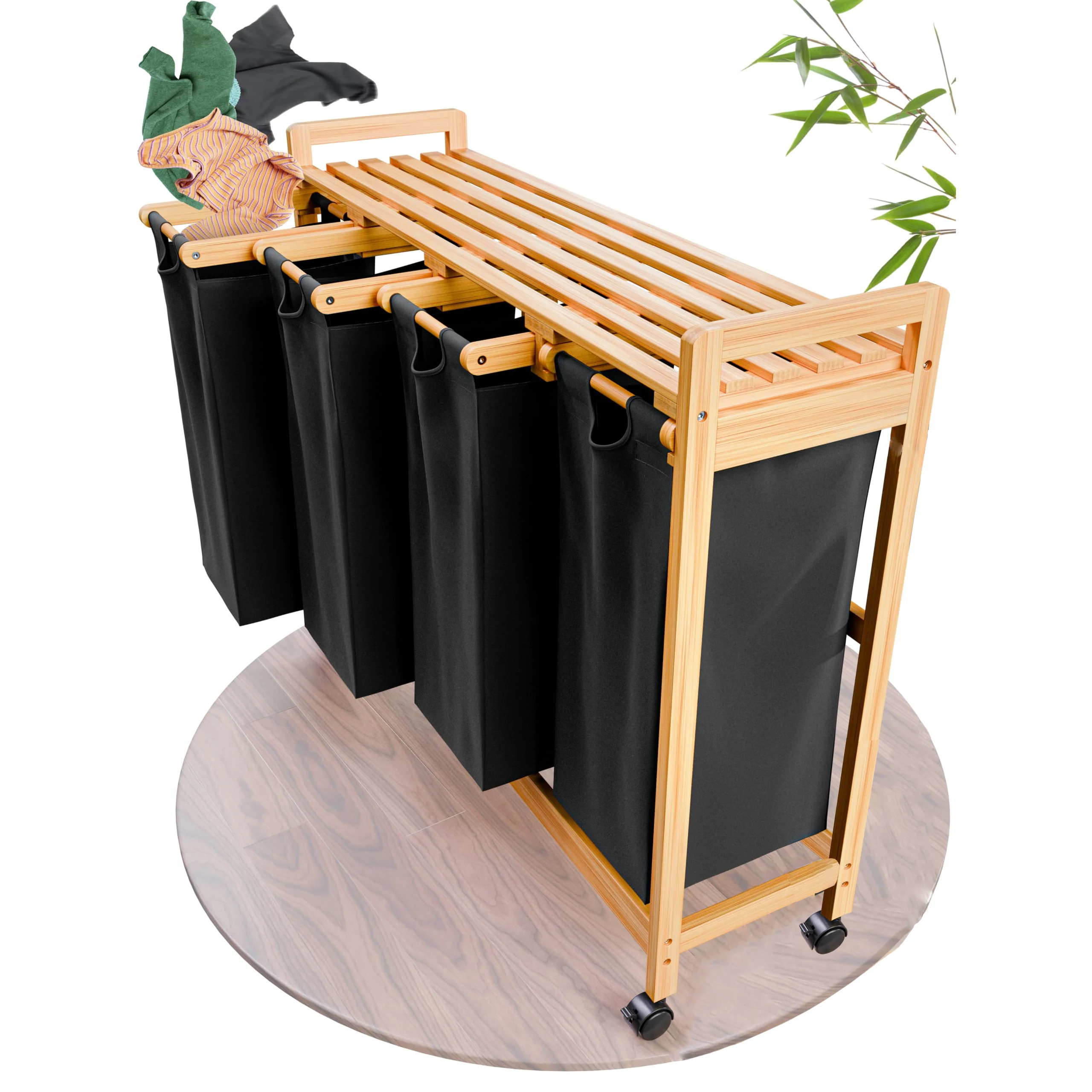 

Laundry Hamper Cart Bamboo Laundry Basket Organizer With Wheels Tall Laundry Sorter With 4 Pull-Out Removable Bags And Shelves