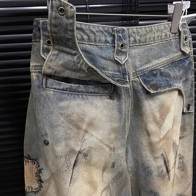 KBQ ضرب اللون شيك التطريز السراويل فضفاضة للنساء عالية الخصر تقسم جيوب تصميم تحسس الانحناء سكين بنطلون أنثى الموضة