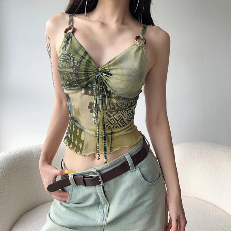 

Retro Boho Ombre Dyed V Neck Cami Top With Drawstring Ruffles Tie Front Bust Draped Lightweight Cropped Blouse
