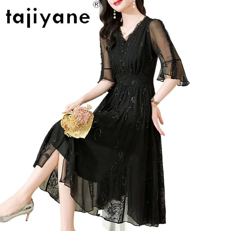

TAJIYANE 100% Шелковое платье из тутового шелкопряда для женщин, элегантное длинное платье с V-образным вырезом, вышивкой, для отпуска, летняя одежда 2026, женское платье