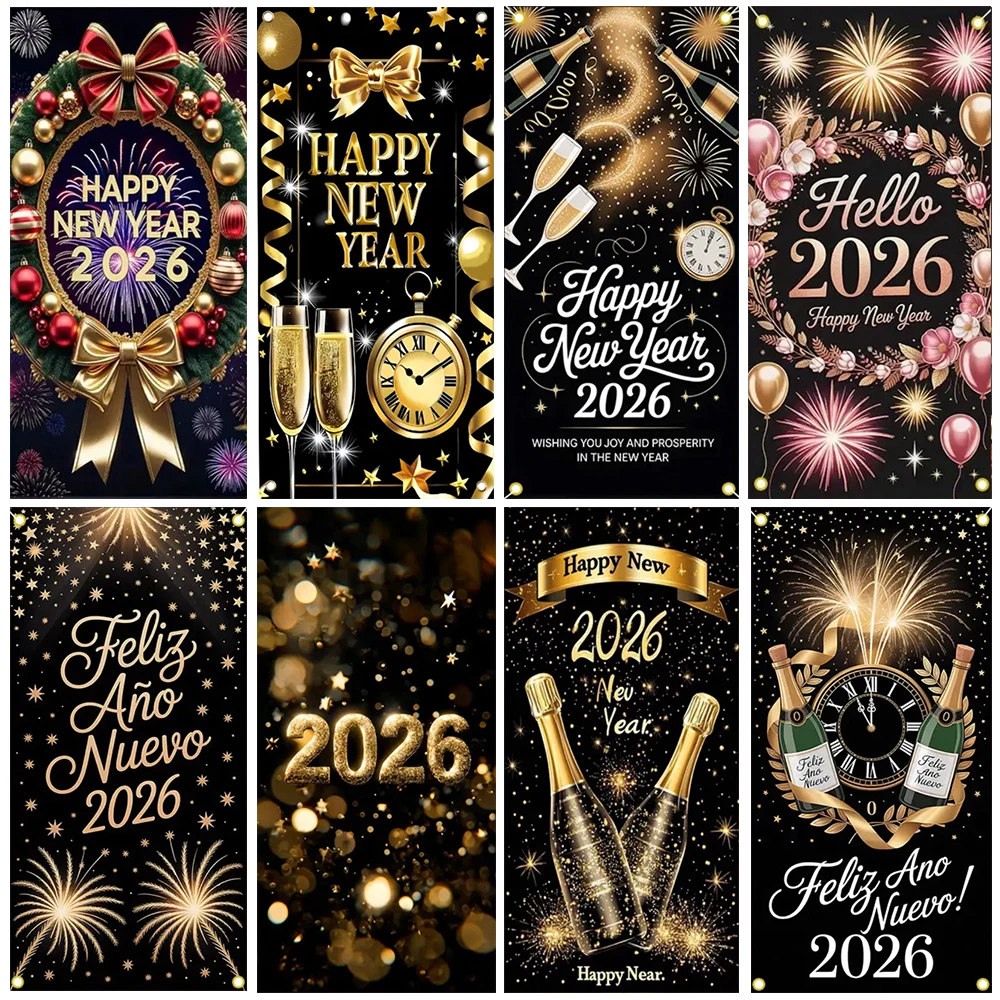 

Black Gold 2026 Happy New Year Backdrop Door Banner Christmas New Year Party Decoration Background Photo Shoot Props Home Gifts