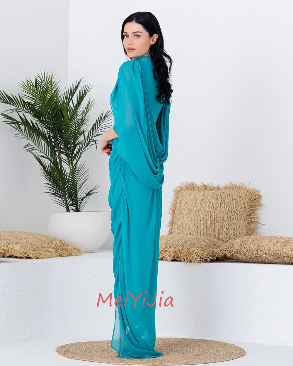 MeiYiJia O-Neck Mermaid Chiffon Ruffle Long-Sleeves Ankle-Length Saudi Arabia Sexy Evening Birthday Club Outfits Summer 2024