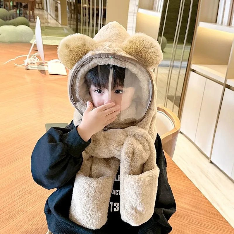 New Children's Hat Scarf Gloves One Girl Russian Outdoor Kid Winter Furry Boy Cap three-piece Set M508