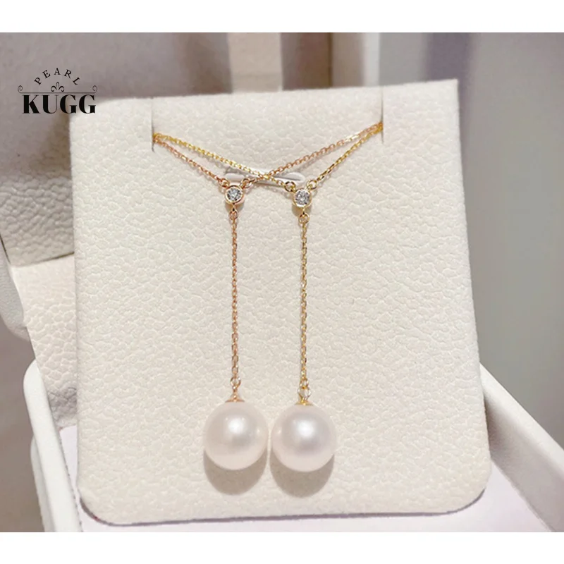 

KUGG PEARL 18K Rose or Yellow Gold Necklace 9-10mm Natural Feshwater Pearl Necklace Natural Diamond Party Jewelry for Women