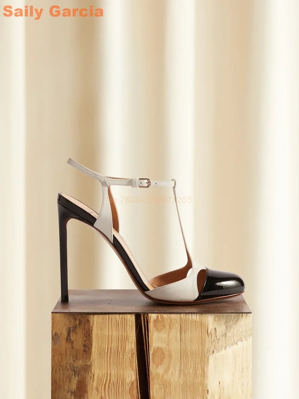 Mixed Color Sandals Splicing Buckle Strap T-strap Thin High Heel Women Shoes Elegant Summer Fashion Gold Daily Shoes Round Toe - Image 3