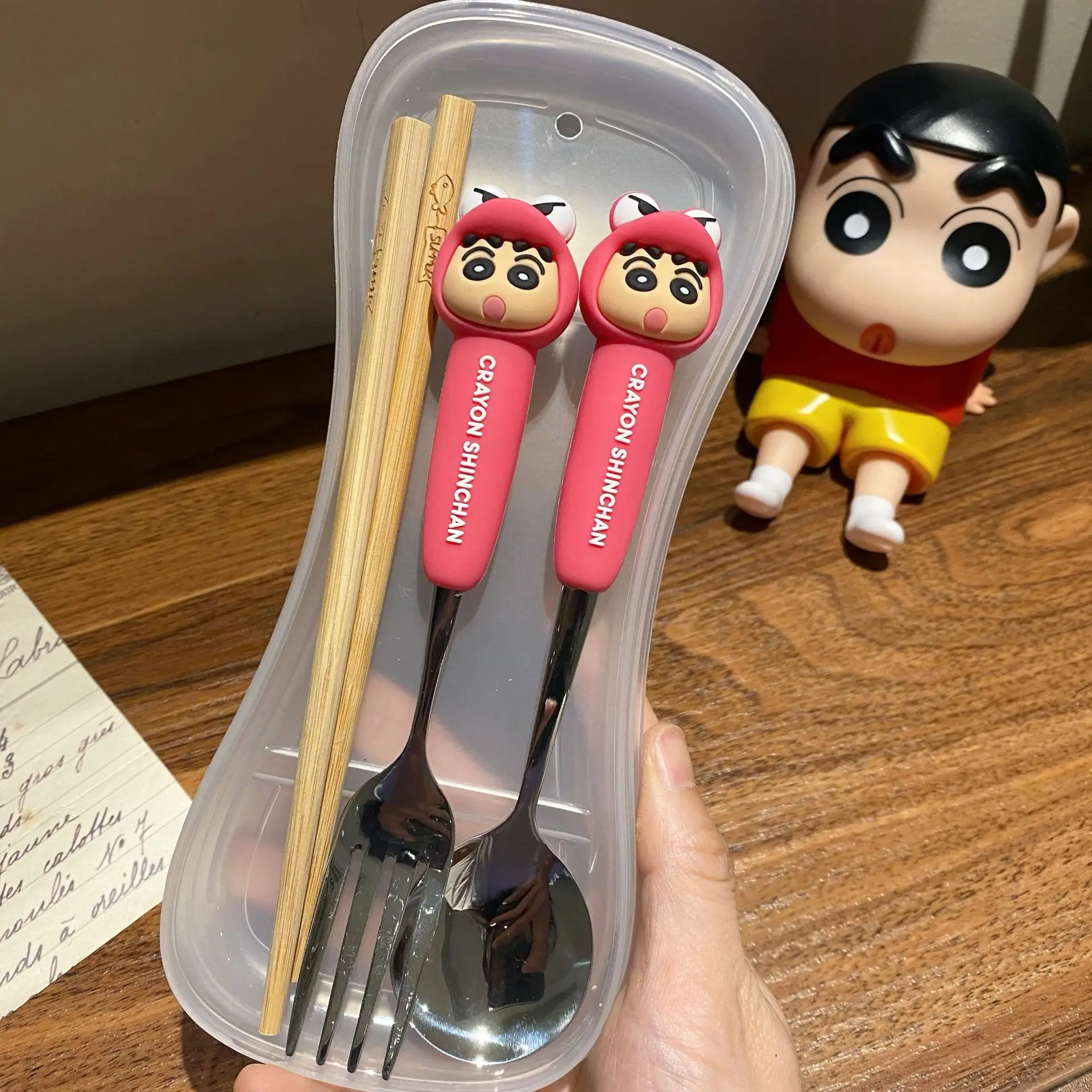 Genuine Crayon Shin Chan Kawaii Children's Spoon Fork Chopsticks Box Tableware Set Anime Cute Student Portable Tableware Gifts