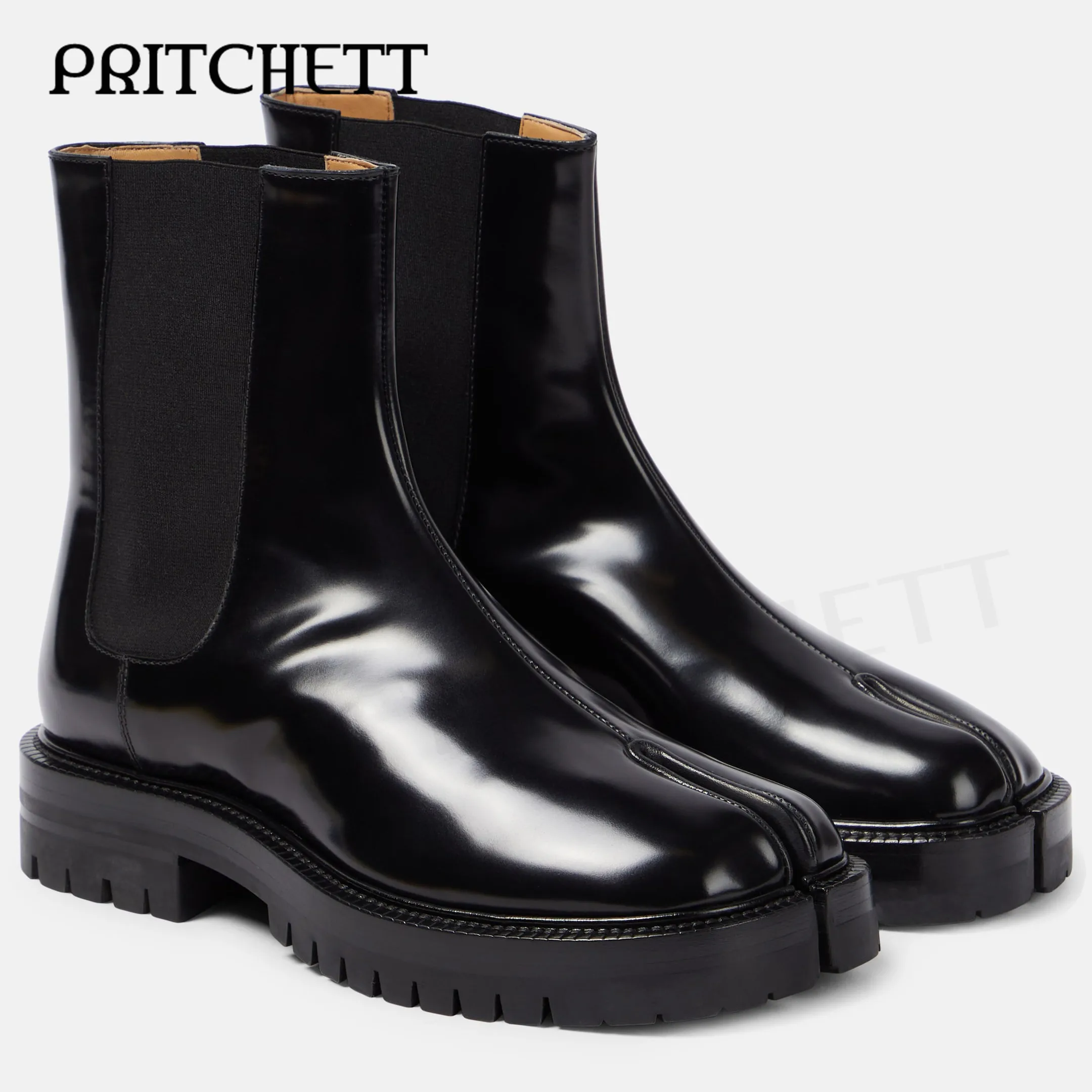 Black Elastic Tabi Boots Solid Color Casual High Quality Business Leather Boots Large Size Personality Formal Men's Boots