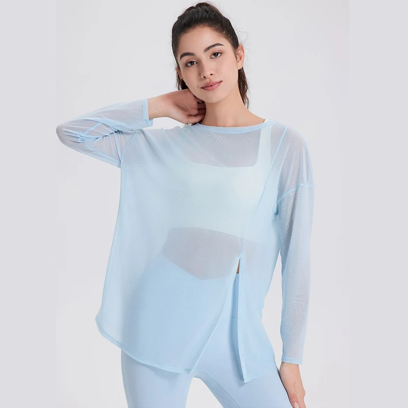 Long Sleeve Yoga Shirt Women Sexy Mesh Breathable Outdoor Running Blouse Solid Color Loose Gym Top Female Workout Clothes