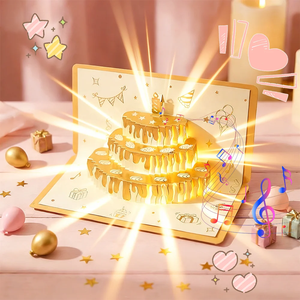 Creative and High-end 3D Pop-up Greeting Card with Music and Lights, Perfect for Birthday Cake Blessings, Surprise Gifts