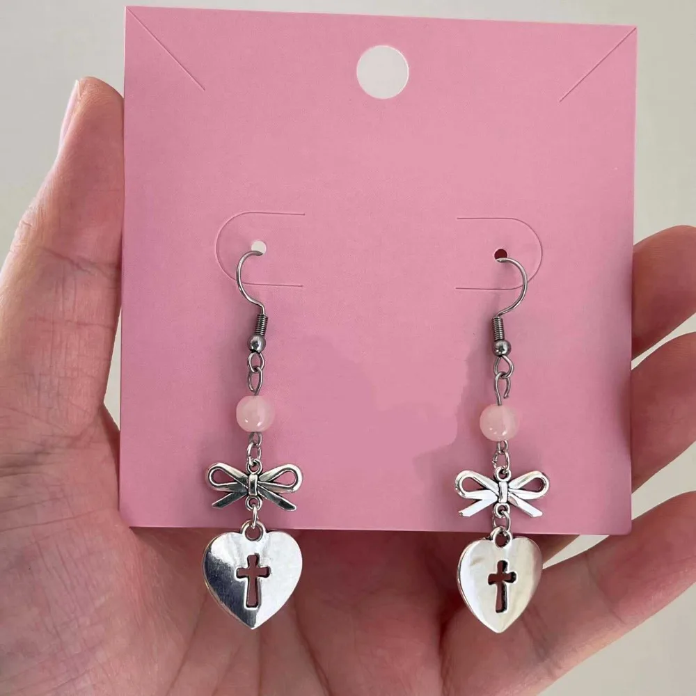Gothic Romantic Pink Beads Sliver Color Bowknot Hollow Out Cross-shaped Heart Pendant Dangle Earrings for Women Y2k Jewelry Gift