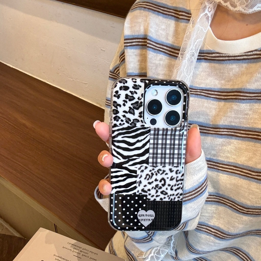 Avanzado negro blanco cebra leopardo estampado onda punto empalme amor corazón cordón funda de teléfono para iPhone 17 16 15 14 Pro Max