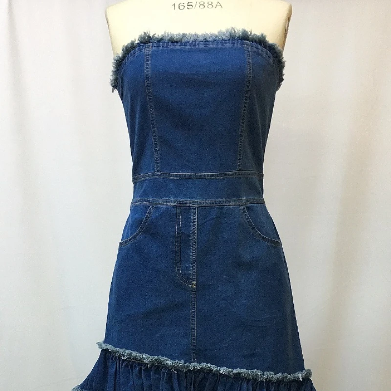 

Винтажное женское летнее джинсовое длинное платье: элегантное, сексуальное, без рукавов, с асимметричным подолом и оборками, для вечеринок, макси-платье, уличный стиль, Vestidos
