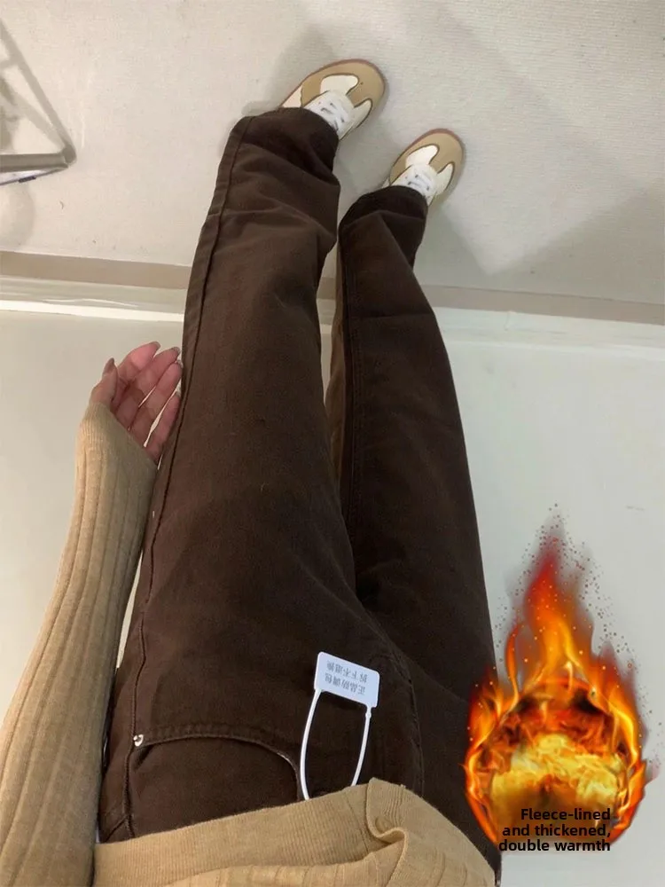 

Коричневые широкие джинсы с подкладкой в стиле ретро, женские джинсы больших размеров с высокой талией, утягивающие свободные драпированные прямые брюки длиной до пола