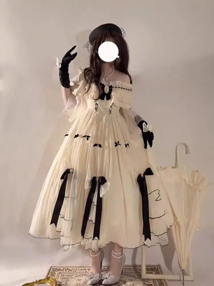 Dophee Original Elegant Lolita Dress 2024 New Spring Summer Cute Mesh Bow Princess Dress Sexy Slash Neck Mid-long Short Sleeve