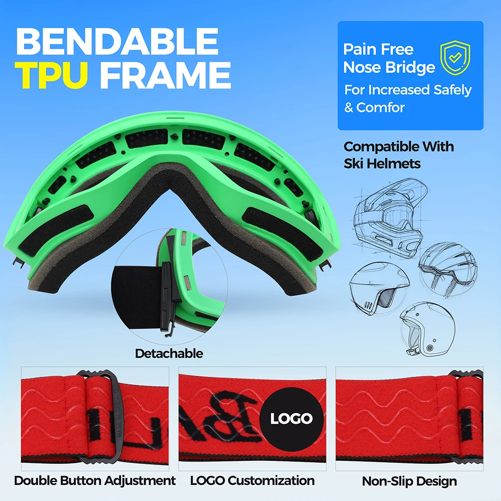 Customizable Logo Ski Goggles UV Protection Super Elastic Adjustable Sports Glasses for Outdoor Snow Blindness Fog Prevention