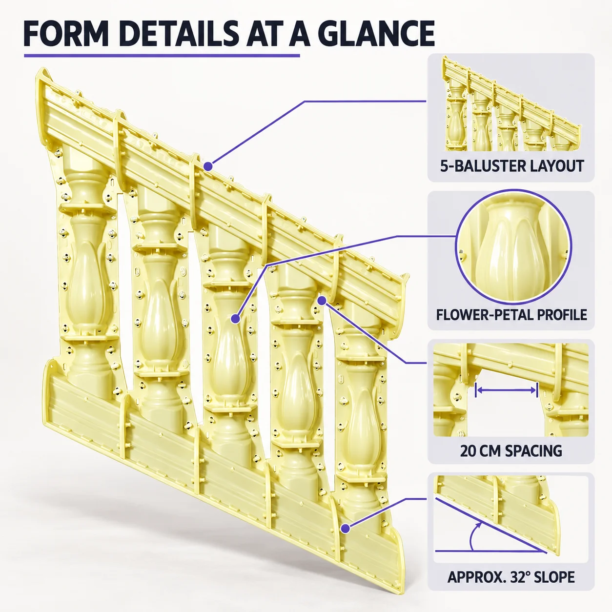 Concrete Molds Stair Balustrade 32 Degree 5-Baluster, Reusable Railing Form for Garden Step