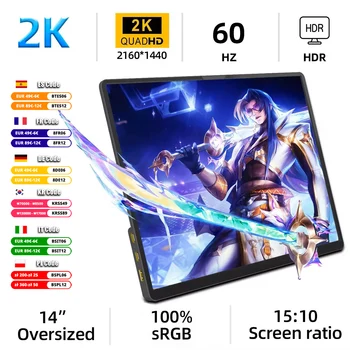 14 inch 2K portable monitor 15:10 2160*1440 IPS HDMI TYPEC for Laptop XBox PS4/5 switch mobile phone computer extension office