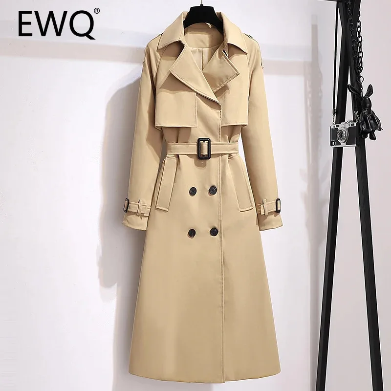 EWQ Versatile Belt Design Windbreaker For Women Casual Long Sleeve Solid Color Office Lady Coat Clothing 2024 Autumn New 27X793