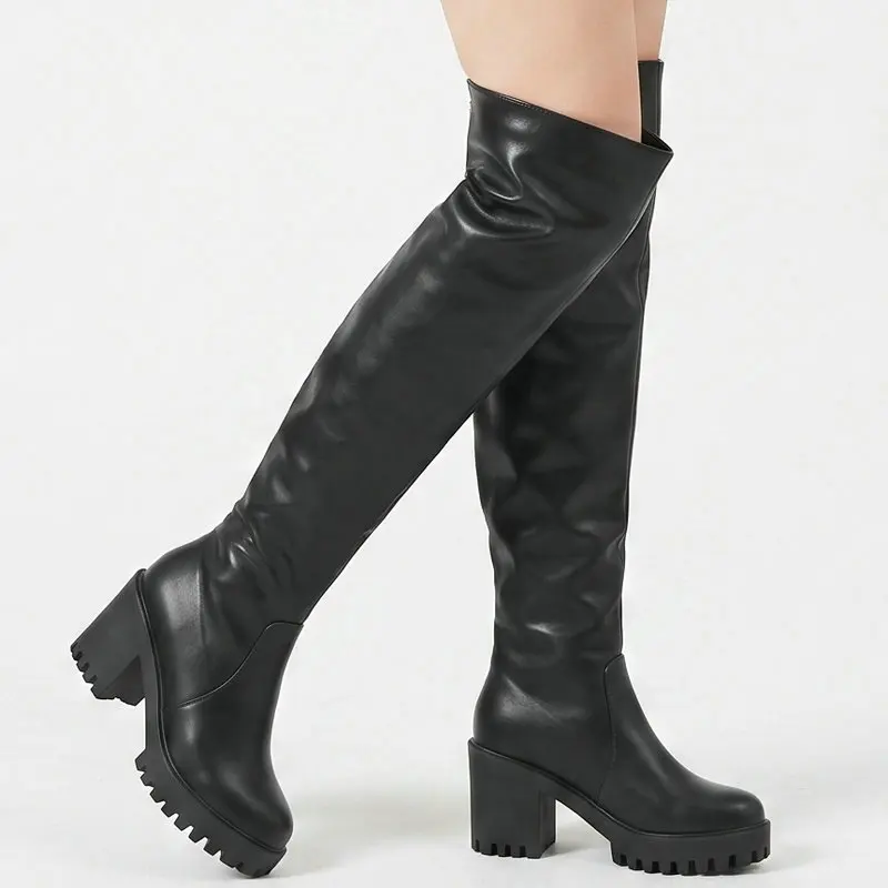Gothic PU Leather Over The Knee Boots Women Platform Chunky Heel Side Zip Ruched Pleated Long Boots Punk Streetwear Ladies Boots