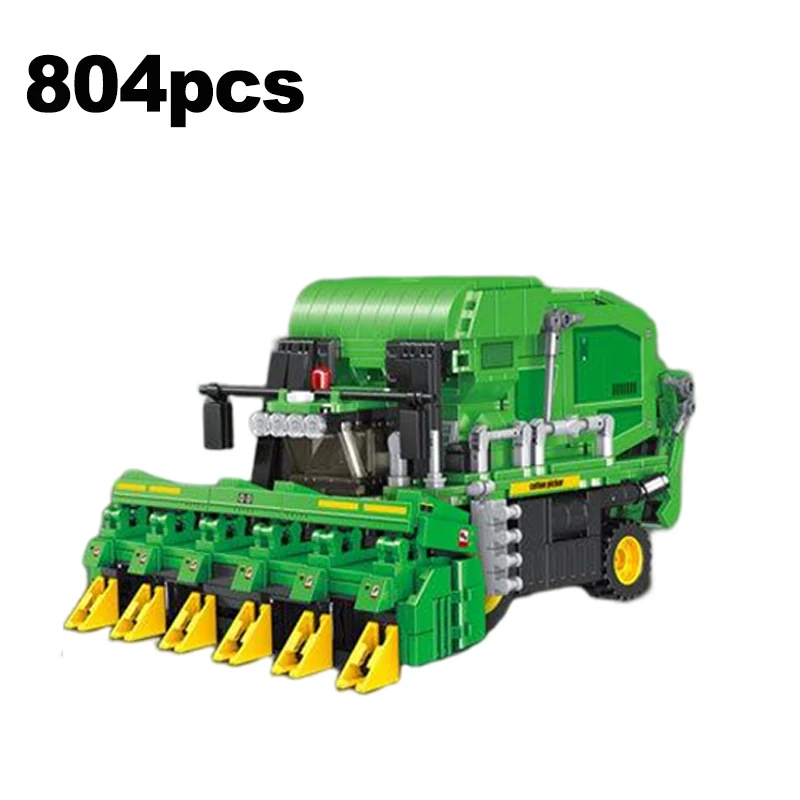 Educatieve bouwsteenset oogstlocomotief met vijf-ploeg tractor katoenen picker auto kraan arm trailer voor kinderen speelgoed